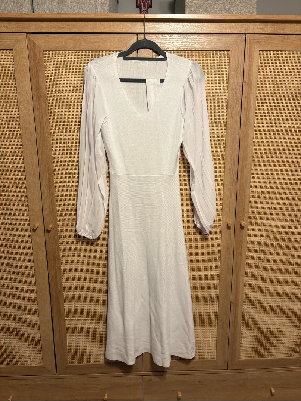 White Long-Sleeve V-Neck Midi Dress